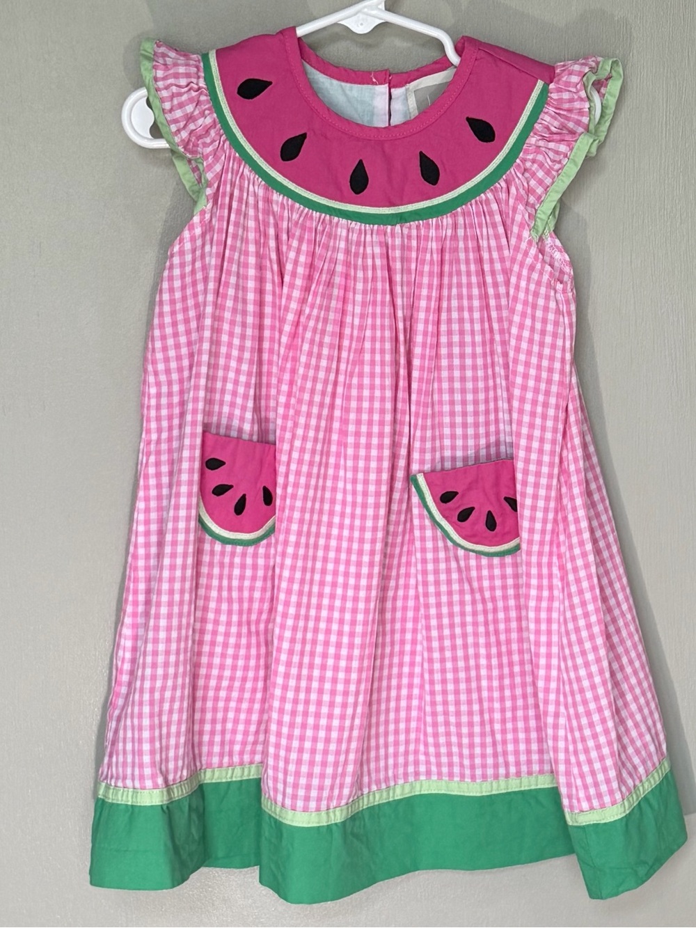 Lil Cactus Watermelon Gingham Girls Dress with Green Trim